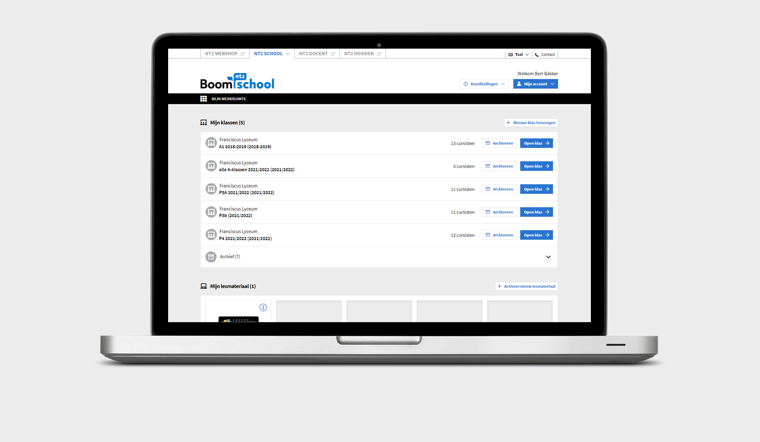 Je krijgt als docent het beheer over je klassen: klassen maken, cursisten uitnodigen en voortgang zien.